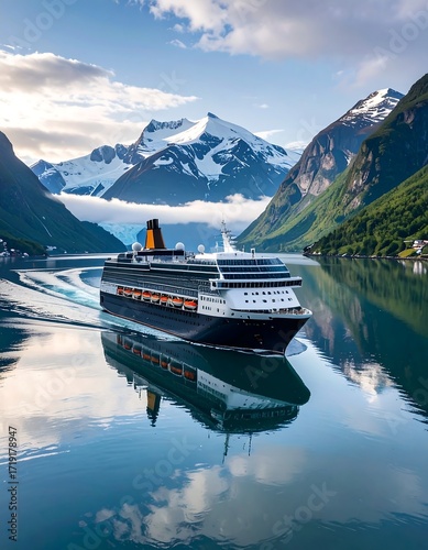 Cruise ship in fjord with snowy mountains