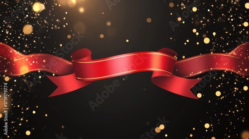 Elegant Red Ribbon on Glittering Background with Golden Bokeh Lights