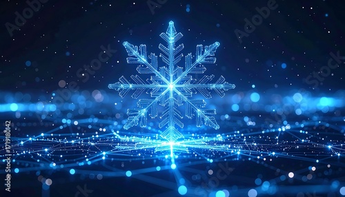 Digital snowflake on a starry blue background