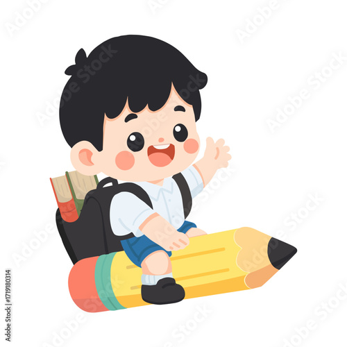 Illustration of Smiling Boy Riding a Pencil