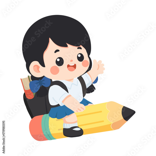 Illustration of Smiling Girl Riding a Pencil
