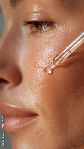 Close-up of woman applying serum with dropper, showcasing radiant skin and focus.