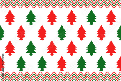 Seamless pattern of multiple Christmas trees green and red on a white background for card designs, wallpaper, and fabric designs.