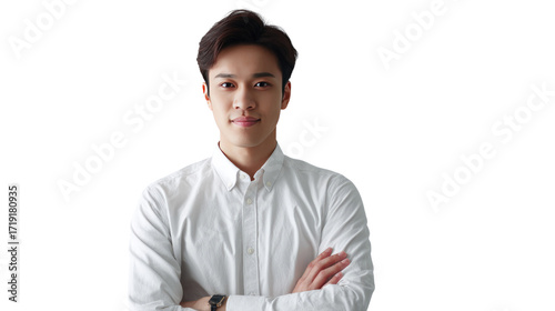 Modern Professional Portrait: Confident portrait of a young professional, exuding poise in a crisp, button-down shirt, capturing a sense of approachability and confidence. 