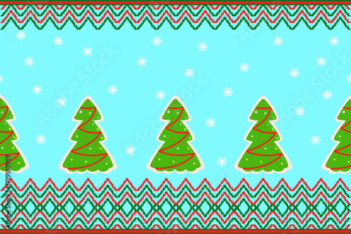 Seamless pattern of multiple Christmas trees and snow on a blue background for card designs, wallpaper, and fabric designs.
