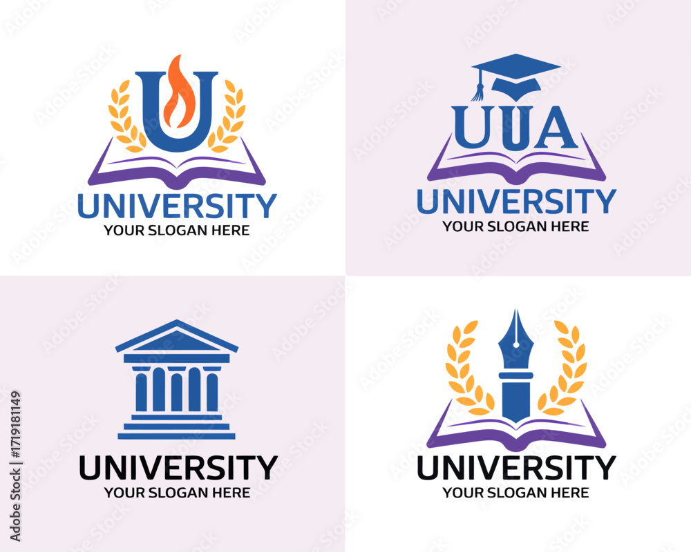 Fototapeta premium Collection of university logos with open books, graduation caps, and architectural elements.