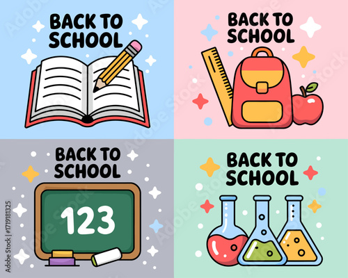Four colorful illustrations of school supplies and educational items, celebrating the "Back to School" theme.