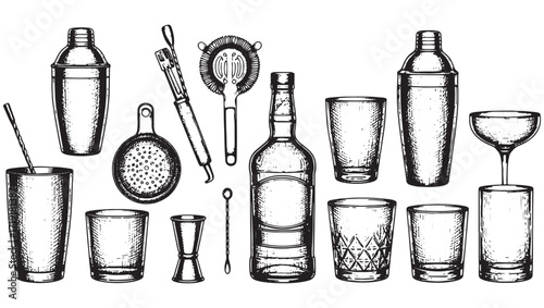 cocktail essential tools set engraving vector style