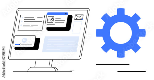 Desktop monitor displaying multitasking apps and notifications alongside a gear indicating system settings. Ideal for technology, development, productivity, user interface, system optimization