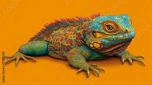 Multicolored Pixel Art Lizard on Orange Background
