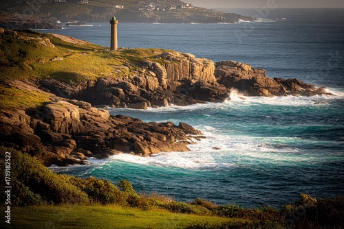Coastal scene with lighthouse, rugged cliffs, and crashing waves
