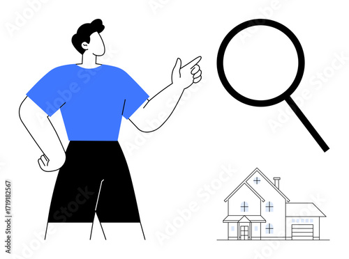 Person pointing towards magnifying glass near house. Ideal for real estate, property search, home buying, house hunting, market analysis, decision-making, research themes. Simple flat metaphor