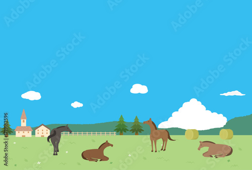 馬と牧場の風景イラスト
