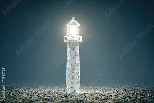 Lighthouse beacon in misty, dark scene