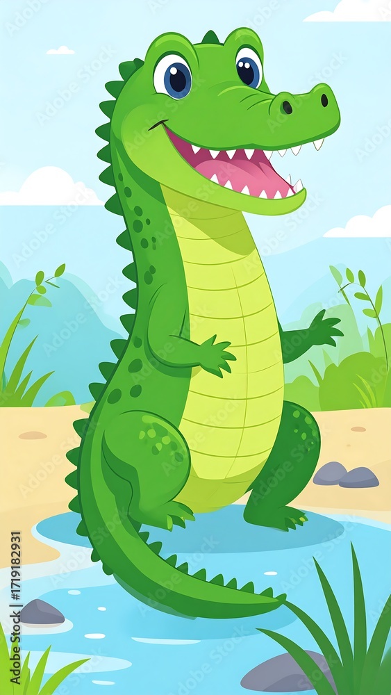 Fototapeta premium Cute cartoon crocodile in a serene watery landscape