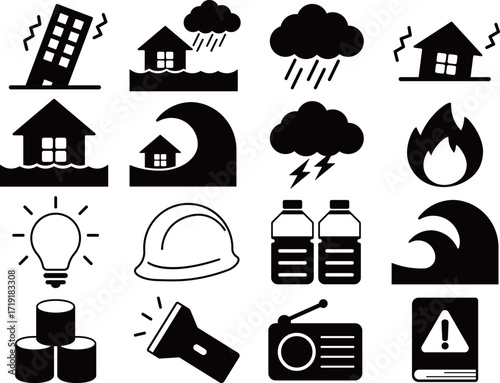 災害と防災のアイコン16種セット　モノトーン