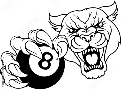 Panther, leopard or cougar wildcat cat jaguar billiards pool mascot holding a black 8 ball