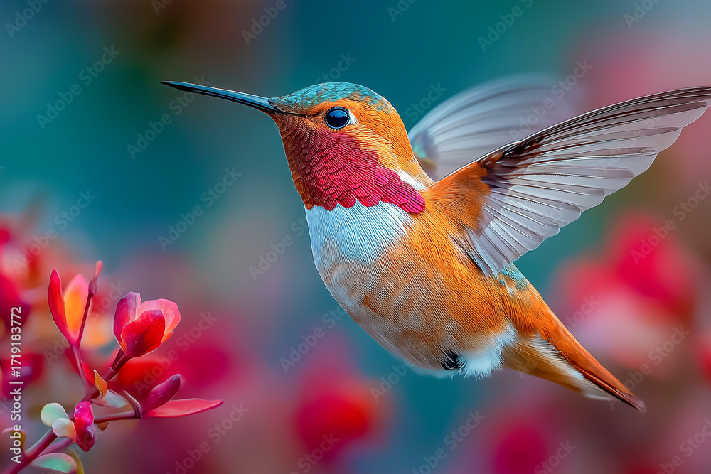 Naklejka premium Hummingbird in flight with vibrant plumage amidst colorful blooms, a serene dance of nature's beauty.