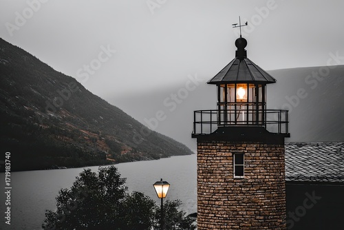 Lighthouse atop a hill overlooking a lake
