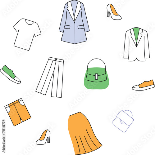 Assorted Clothing and Footwear Items Scattered Artistically fashion apparel