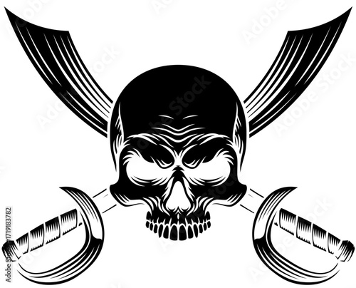 Pirate skull crossbones with crossing sabers or scimitar cutlass pirate swords. In a vintage retro woodcut style.