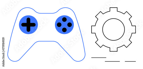 Game controller with blue buttons next to a gear cog, symbolizing gaming, control configurations, and technology. Ideal for gaming, technology, innovation, settings, entertainment control