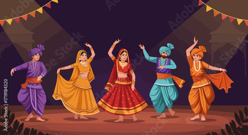 This energetic flat design illustration captures the lively spirit of Rajasthani folk dancers performing at the Pushkar Fair, adorned in their traditional, colorful outfits. 