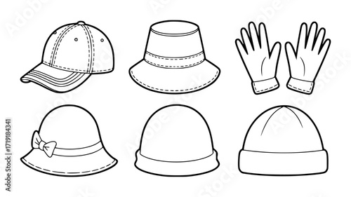 Collection of illustrated hats and gloves, black and white line art