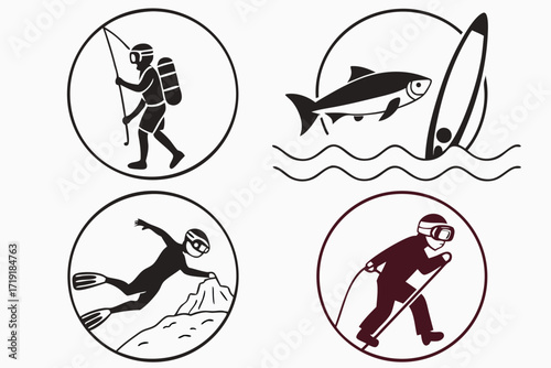 Vintage cartoon rocket ship and surfer silhouette set