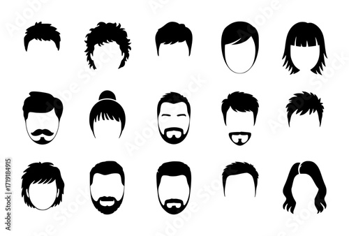 Diverse Collection of Black and White Silhouette Hairstyles and Beards