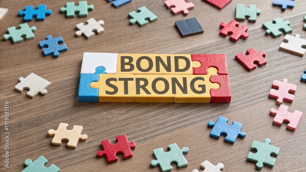 Obraz premium Colorful Puzzle Pieces Forming Words Bond and Strong on Wooden Surface