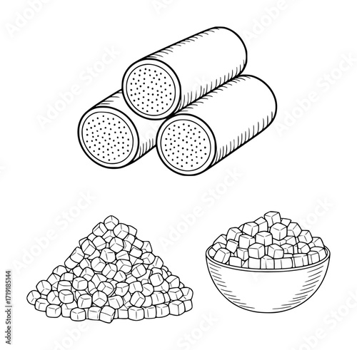 Line art illustration of sugar cubes and sugar cane sections