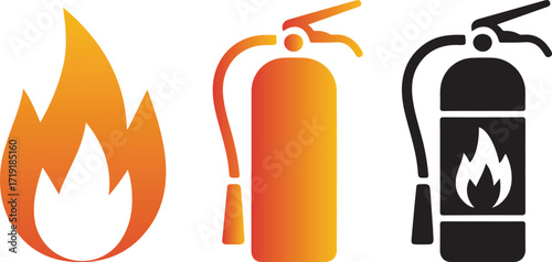 Fire flame and two fire extinguisher icons orange gradient and black fire safety fire fighting
