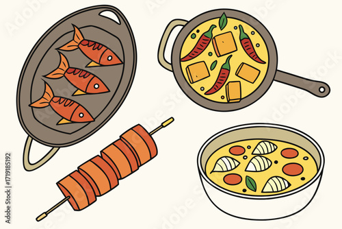 A cartoon illustration of a delicious hot dog with cheese and a sausage on a grill next to a slice of pepperoni pizza