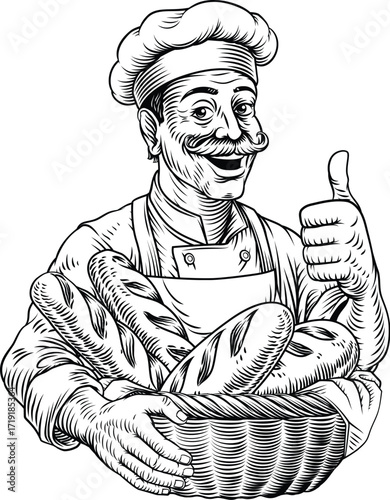 Vintage style woodcut illustration of smiling baker or chef holding a large basket of baguette French bread loves. Perfect for bakeries, artisanal bread brands, cafe menus, or food packaging.