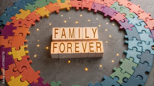 Colorful Puzzle Pieces with Family Forever Text in Center Display