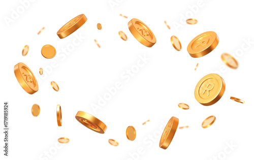 3d set of South African Rands golden coins with different angles. Stock vector illustration on isolated background.	

