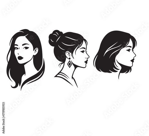 Three  girls in a row with fashionable hairstyles and glamorous makeup, featuring a stylish black and white vector art design