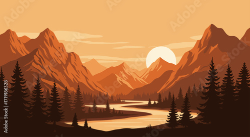 Serene Sunset Mountain River Landscape Illustration