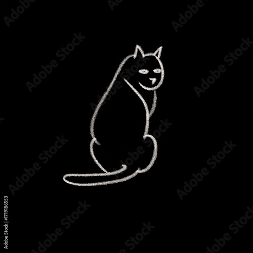 Cat serene sitting chalk line drawing against black background with copy space