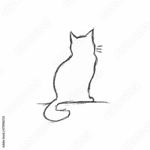 Cat serene sitting charcoal sketch against white background with copy space
