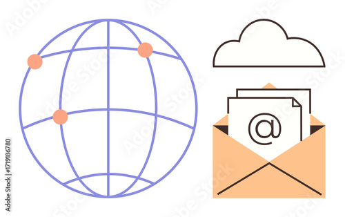 Globe with connection nodes, envelope with email symbol under cloud. Ideal for communication, networking, cloud services, data sharing, technology, globalization digital messaging. Simple flat