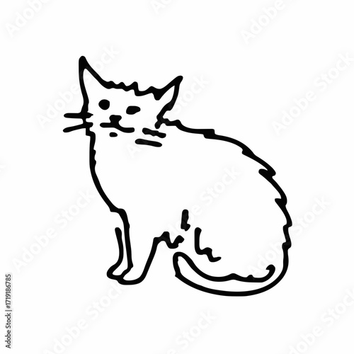 Cat relaxed seated clean line illustration against white background with copy space