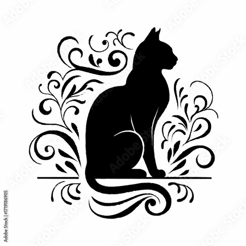 Cat serene sitting floral silhouette representing ornamental design against white background with copy space