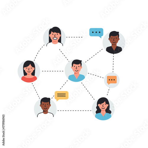 Interconnected diverse user avatars represent a global social media community and virtual connection, depicted as a modern 2D flat vector illustration with clean outlines.