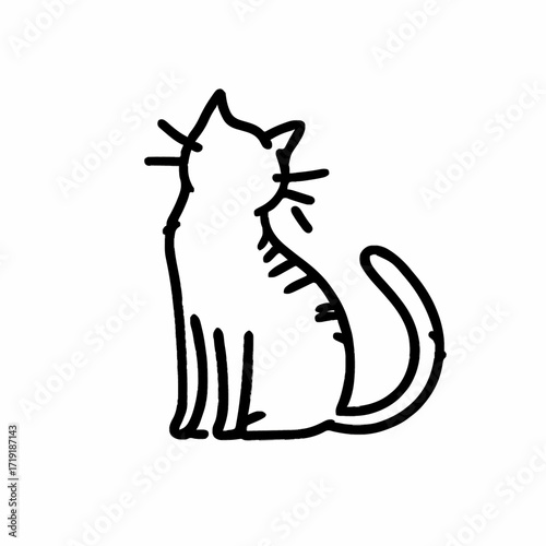 Cat hopeful sitting looking upward line drawing against white background with copy space