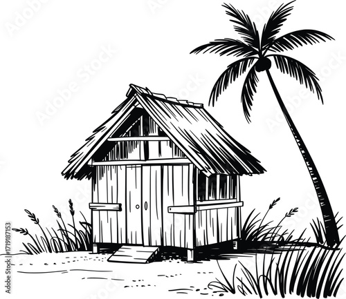 Tropical Beach Hut with Palm Tree Black and White Illustration.