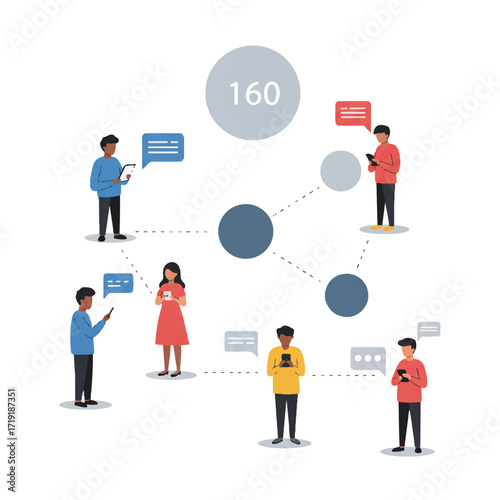 Diverse friends sharing content on mobile devices, linked by lines and speech bubbles, showing an online community in a 2D flat vector illustration with a share icon.