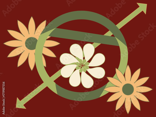 This artwork combines bold flowers with intersecting green arrows and a central floral motif on a rich maroon background, blending natural and geometric aesthetics.
