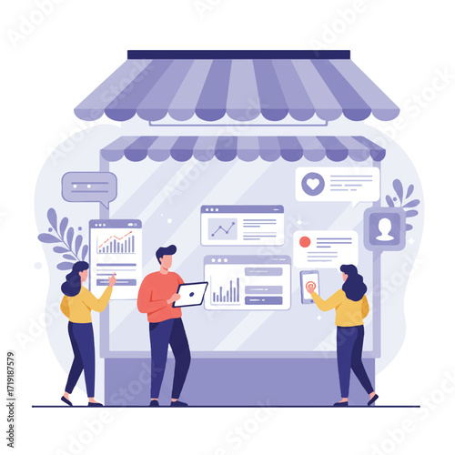 Small business owner, represented by a small silhouette, manages shop with tablet, analytics and social media; customers interact with phones, 2D flat vector illustration.